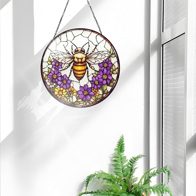 Bimkole Bee Stained Glass Suncatcher Window Hanging - Flowers Design for Indoor Window or Doorway Decoration - 7.87x7.87 inch with Chain and Hook - Unique Home Decor Gift