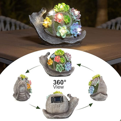 pearlstar Garden Statues, Snails Solar Statue Garden Decor Clearance, Cute Resin Snails Figurines with 7 LED Solar Lights Lawn Decorations for Patio Yard Gifts for Mom Grandma Housewarming