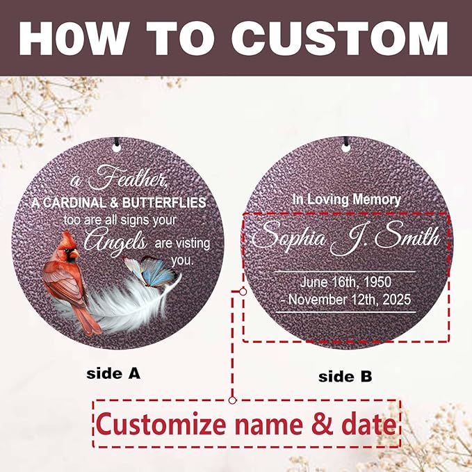 ASTARIN Cardinal Feather Butterfly 32 in Wind Chimes for Memorial, Personalized Bereavement Gift Idea, Windchimes in Loving Memory of a Loved One, Funeral Gifts for Condolences Women, Produced in USA