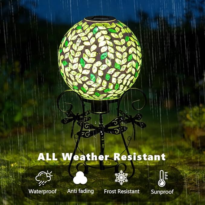 Stargarden Solar Gazing Ball, 10" Mosaic Gazing Ball,Glass Gazing Globe with Metal Stand, Decorative Solar Globes for Patio, Lawn, Garden Decor(Green Leaf)