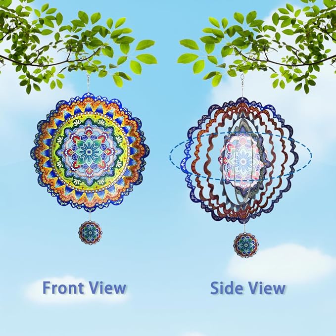 2 Pack Wind Spinners Outdoor Hanging Stainless Steel Multi Color 12 Inch Yard Art Decoration 3D Wind Spinners Mandala for Garden Porch