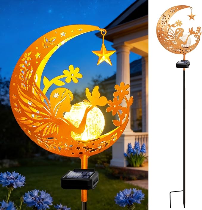 ZNYCYE Solar Lights Outdoor Decorative Moon Angel Solar Stake Lights Pathway Lights, Mothers Day Gifts for Mom Women Grandma,Fairy Garden Decor Waterproof for Walkway, Yard, Lawn, Patio (Warm White)