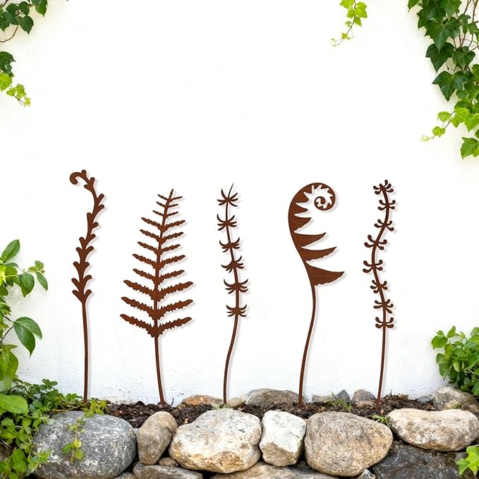 Penitue 5pcs Metal Flowers for Outside, Rustic Decorative Garden Stakes Weather-Resistant Metal Flowers Garden Decor for Yard Art Flower Bed Plant Stakes Lawn Pathway Decorations(Style 2)