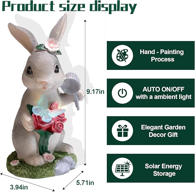 Garden Statues Rabbit with Solar Light,Bunny Outdoor Garden Decor Ornaments for Patio Yard Art,Birthday Gift Easter House Warming Garden for Women Mom,Resin Animal Figurine with Wider Base