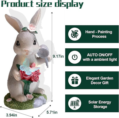 Garden Statues Rabbit with Solar Light,Bunny Outdoor Garden Decor Ornaments for Patio Yard Art,Birthday Gift Easter House Warming Garden for Women Mom,Resin Animal Figurine with Wider Base