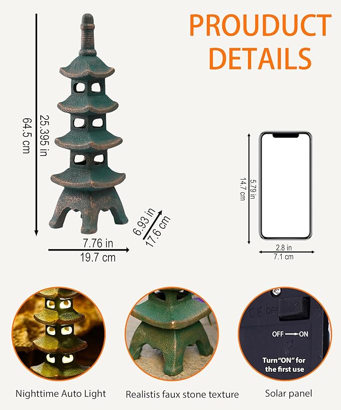 Nacome Solar Pagoda Garden Statues: 25.6 inches Multi-Layer Outdoor Waterproof Resin Zen Decor for Landscape Balcony Patio Porch Yard Ornament(Bronze)