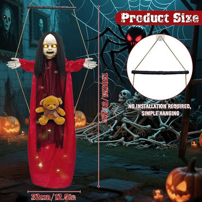 Outdoor Hanging Swinging Girl Halloween Decorations,Lighted Creepy Doll Halloween Dolls Scary Props for Garden Yard Lawn and Haunted House Decorations