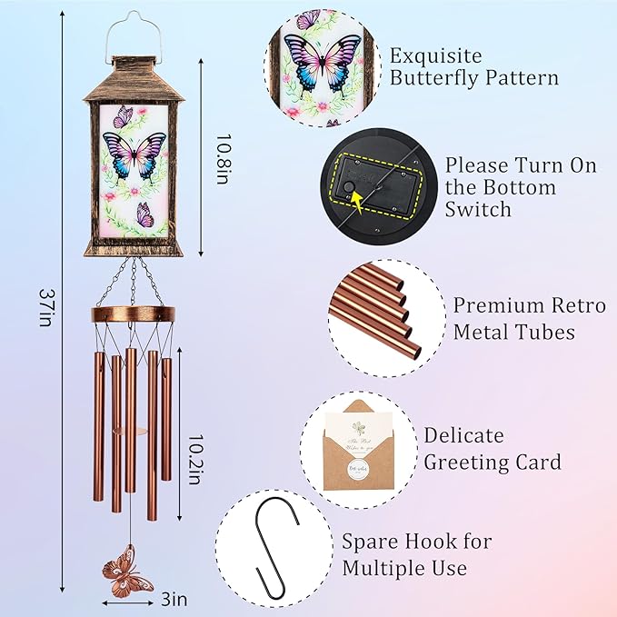 YHmall Wind Chimes for Outside, 37" Hanging Solar Windchimes Outdoors Memorial Butterfly Gifts for Women Mom Grandma, Solar Lanterns Wind Chimes for Home Patio Yard Garden Decor