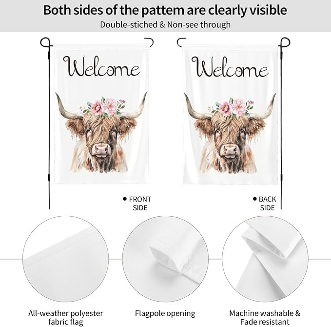 Welcome Pink Floral Highland Cow Garden Flags 12×18 Inch Double Sided Decorative Yard Banner Seasonal Flag for Outdoor Outside Decor