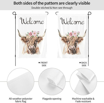 Welcome Pink Floral Highland Cow Garden Flags 12×18 Inch Double Sided Decorative Yard Banner Seasonal Flag for Outdoor Outside Decor