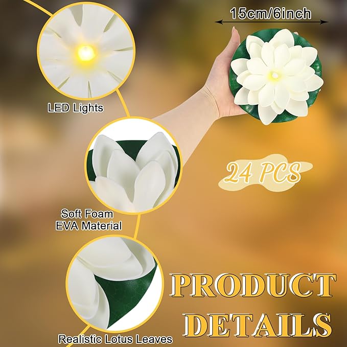 LACGO 24 PCS Water Activated Floating Lights - 6'' Waterproof Floating Lotus Light Battery Operated Artificial Floating Flowers for Pool Wedding Anniversary Garden Decoration(6 Inch, White)