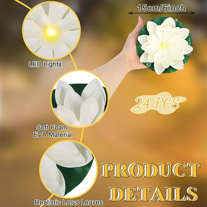 LACGO 24 PCS Water Activated Floating Lights - 6'' Waterproof Floating Lotus Light Battery Operated Artificial Floating Flowers for Pool Wedding Anniversary Garden Decoration(6 Inch, White)