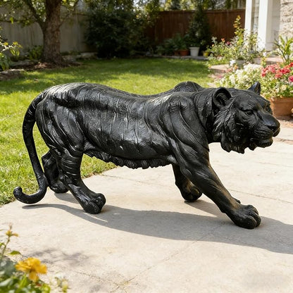 Large Black Tiger Statue Outdoor Garden Sculpture - 33.46" L x 15.75" H Weather Resistant Wildlife Animal Figurine Decor Feng Shui Protection Beast for Patio, Lawn, Yard, Pathway
