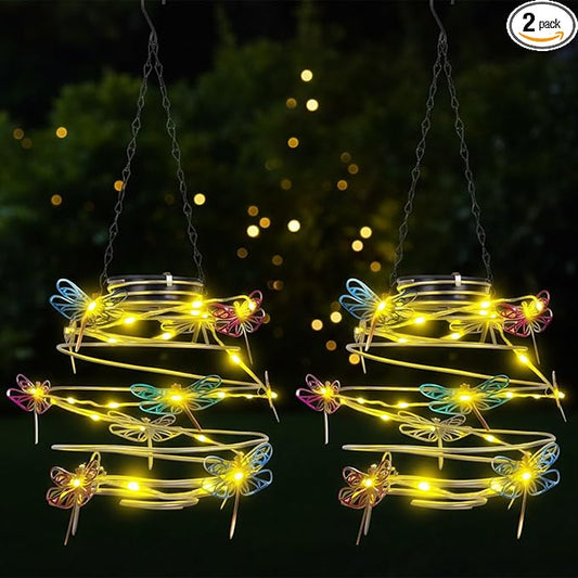 2 Pack Solar Outdoor Lantern Hanging Lights - 30LED Waterproof Solar Dragonfly Light Outdoor,Hanging Decor for Garden,Yard,Porch Patio,Lawn Backyard Landscape Pathway Outside,Gifts for Women