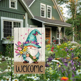 Welcome Garden Flag 12x18 Inch Double Sided with Spring Gnome, Butterfly, Tulips, Daffodils, and Floral Bouquet for Outdoor Yard Decoration