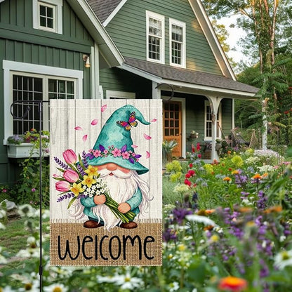 Welcome Garden Flag 12x18 Inch Double Sided with Spring Gnome, Butterfly, Tulips, Daffodils, and Floral Bouquet for Outdoor Yard Decoration