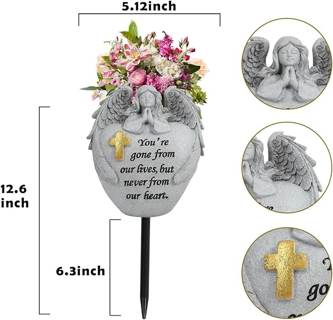 Cemetery Flowers for Grave Angel and Cross Cemetery Cemetery Memorial Vase, Cemetery Flower Grave,2-Piece Angel Cemetery vase with Iron Spikes,Garden Decoration Memorial Gift for Lost Love (1white)