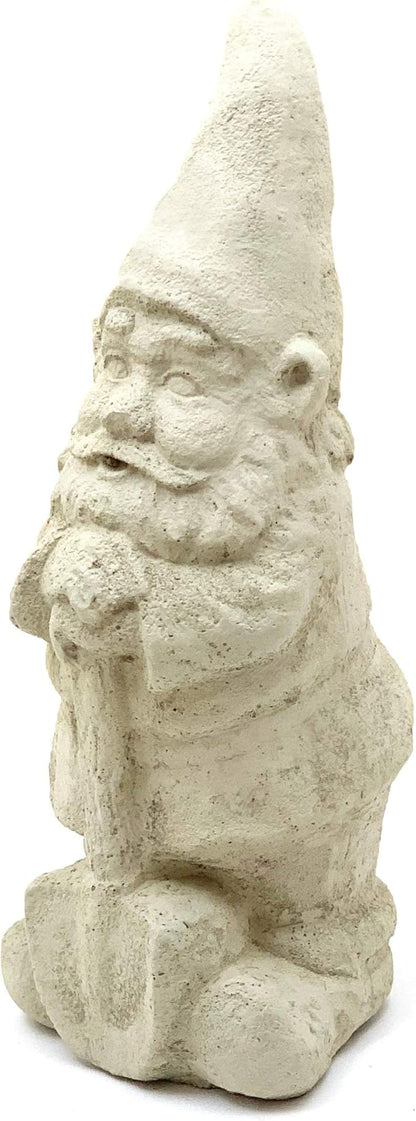Garden Gnome with Shovel: Solid Durable Stone Statue with Vintage Texture. Sealed for Outdoors. Handcrafted USA. (Classic/White)