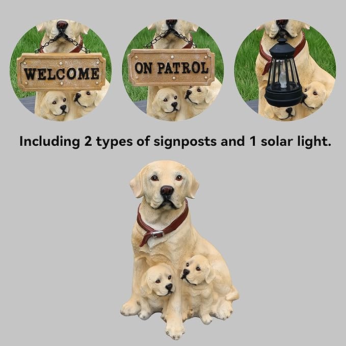 Labrador Garden Statue with Solar Hanging Lantern & Interchangeable Welcome Signs, Weather-Resistant Resin Dog Statue for Outdoor Yard, Porch, Patio & Garden Decor, for Dog Lovers