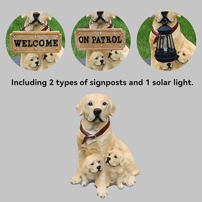 Labrador Garden Statue with Solar Hanging Lantern & Interchangeable Welcome Signs, Weather-Resistant Resin Dog Statue for Outdoor Yard, Porch, Patio & Garden Decor, for Dog Lovers