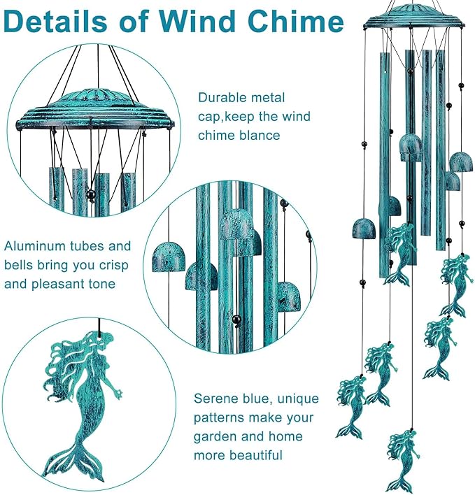 Mermaid Wind Chimes for Outside/Indoors, Mermaid Gifts for Women Mom Grandma, Aluminum Tubes Windchimes S Hook, 37" Wind Chime Hanging Decor for Home Patio Garden Porch Yard (Blue-Mermaid)