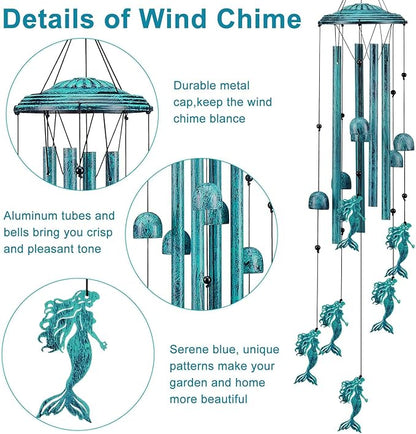 Mermaid Wind Chimes for Outside/Indoors, Mermaid Gifts for Women Mom Grandma, Aluminum Tubes Windchimes S Hook, 37" Wind Chime Hanging Decor for Home Patio Garden Porch Yard (Blue-Mermaid)