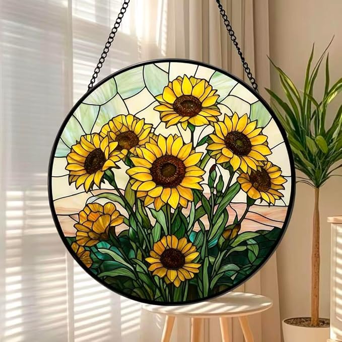 Stained Glass Window Hanging - Sunflowers Pattern 7.8 Inches Suncatcher for Garden Home Decor for Women Mon Grandma Friends