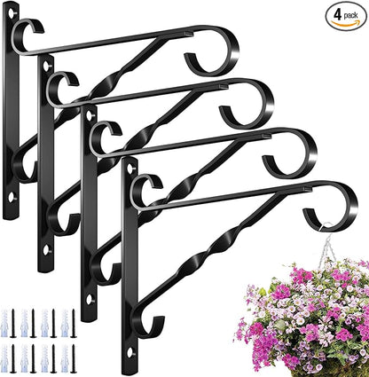 AMAGABELI GARDEN & HOME 4 Pack Hanging Plant Brackets Outdoor 10 inch Metal Fence Wall Plant Hanger Hooks for Hanging Flower Baskets Bird Feeders Lanterns Wind Chimes Rust-Resistant Black