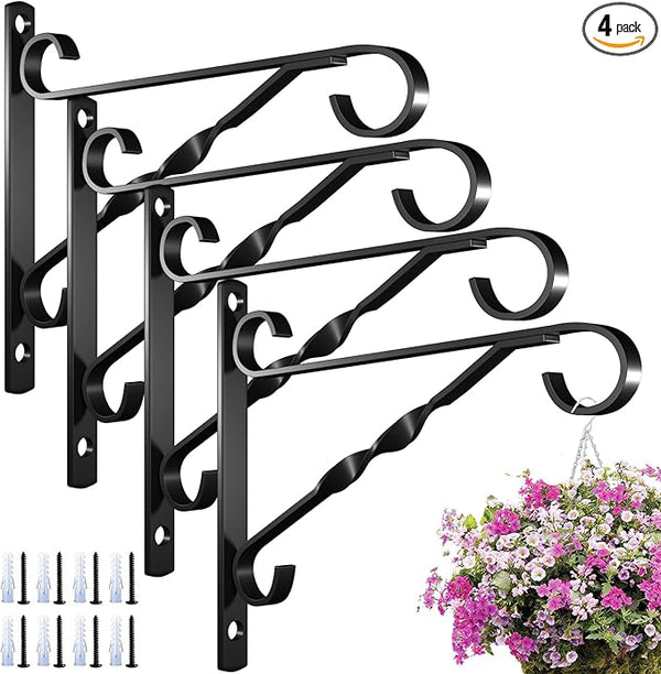 AMAGABELI GARDEN & HOME 4 Pack Hanging Plant Brackets Outdoor 10 inch Metal Fence Wall Plant Hanger Hooks for Hanging Flower Baskets Bird Feeders Lanterns Wind Chimes Rust-Resistant Black