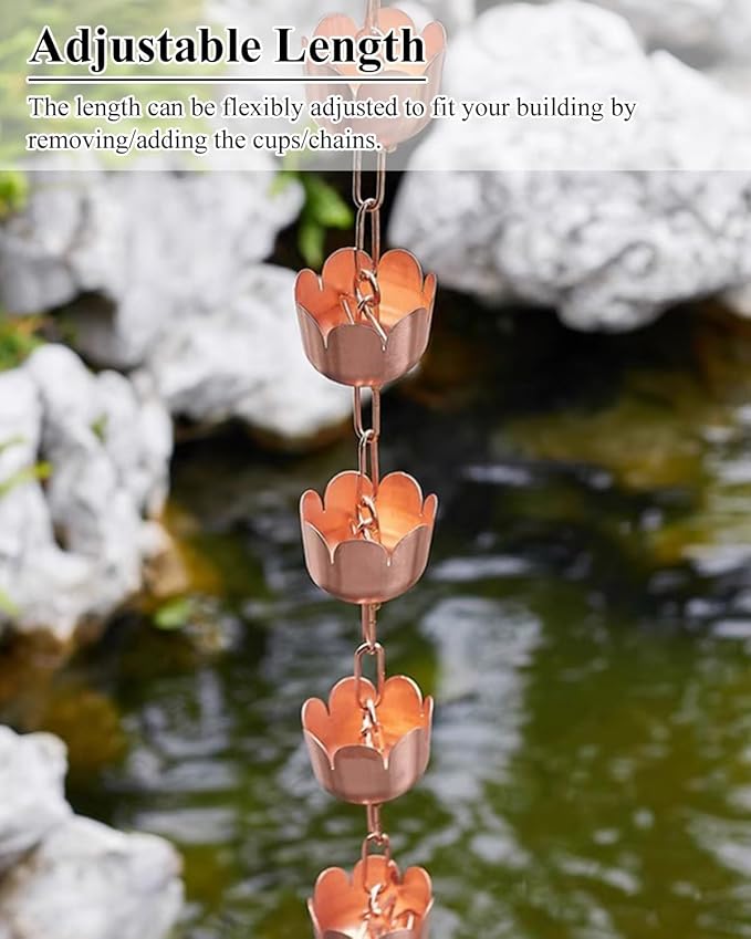 Elegant Copper Rain Chain Large Cup, Replacement Downspout for Gutters, Outside Rainwater Catcher Diverter for Villa/Deck/Pergola (Style B 1.5m (5ft))