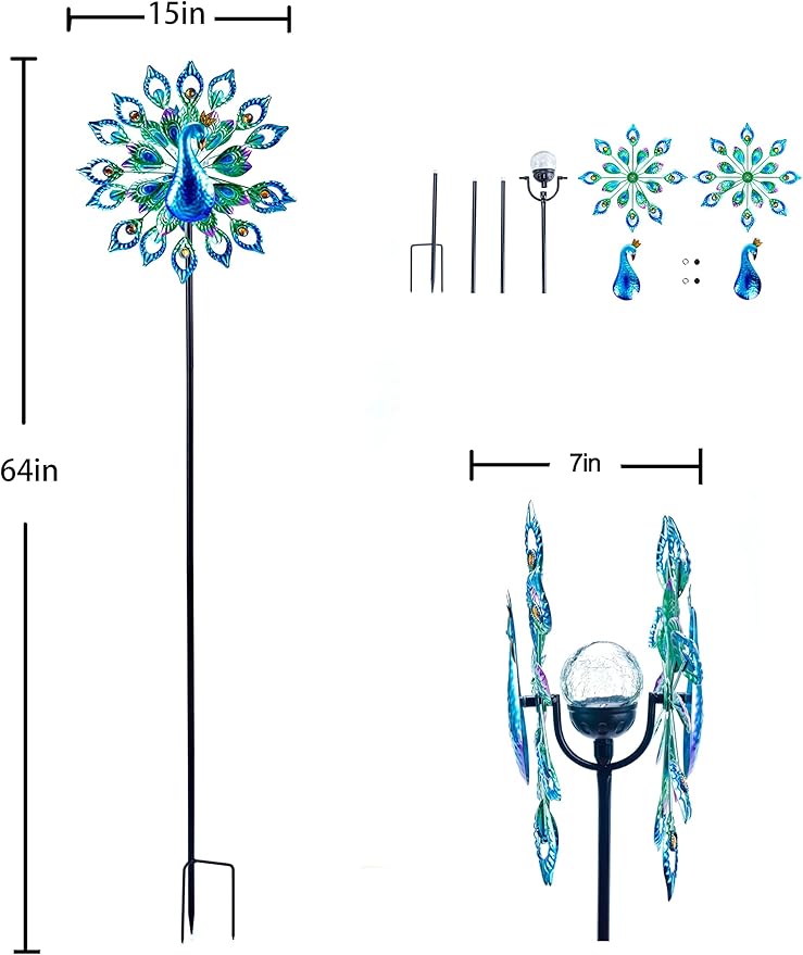 Wind Spinner Outdoor Metal Solar Powered Sculpture Lawn Backyar 15 inch 64 inch Height Kinetic Peafowl Wind Catcher Glass Ball for Garden Lawn Yard Patio Decoration Weather Vane for Garden