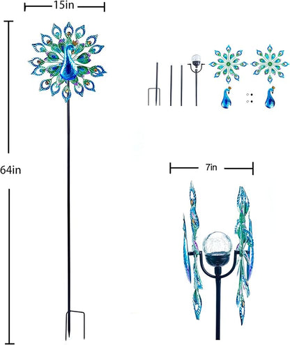 Wind Spinner Outdoor Metal Solar Powered Sculpture Lawn Backyar 15 inch 64 inch Height Kinetic Peafowl Wind Catcher Glass Ball for Garden Lawn Yard Patio Decoration Weather Vane for Garden
