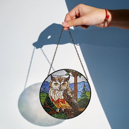 7.8" Owl Stained Glass Suncatchers Art Glass Wildlife Bird for Sun Catcher Indoor Window Gifts for Pet Animal Nature Floral Lovers Women Grandma Mom Friend Painted Panel Décor BIRD-07B-SG8