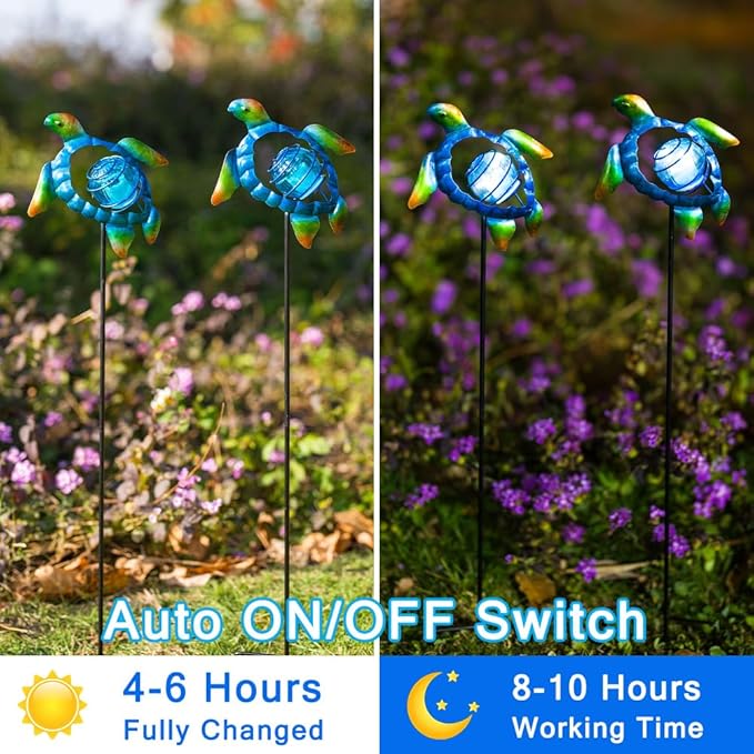 Solar Garden Lights Outdoor 2 Pack,Metal Decorative Stake Solar Lights Blue Sea Turtle Decor for Garden,Pathway,Lawn,Patio,Yard