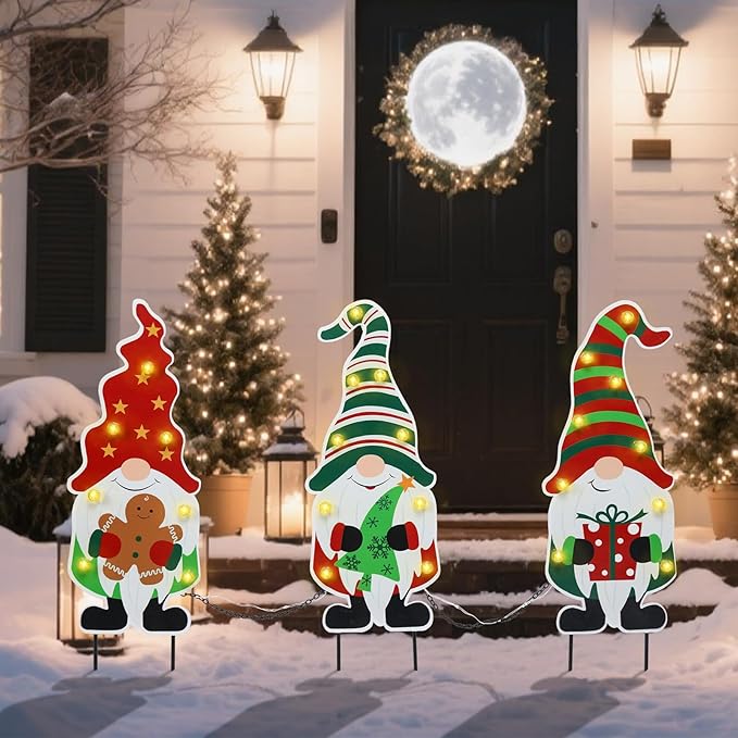 WONDER GARDEN 3 PCS Christmas Gnomes Yard Signs Christmas Decorations Outdoor, Metal Xmas Yard Stakes Gnomes Lawn Decor, Xmas Garden Stakes with Led Lights for Patio Pathway Outside Decorations