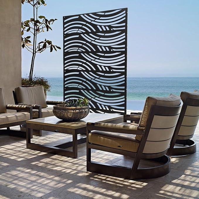 Metal Privacy Screen, 72" H x 44" W Freestanding Privacy Screens, Patio Decorative Metal Fence Panels with Stand, Portable Divider Screens, for Backyard/Patio/Deck (Black-Wave, 72''H×44''W)
