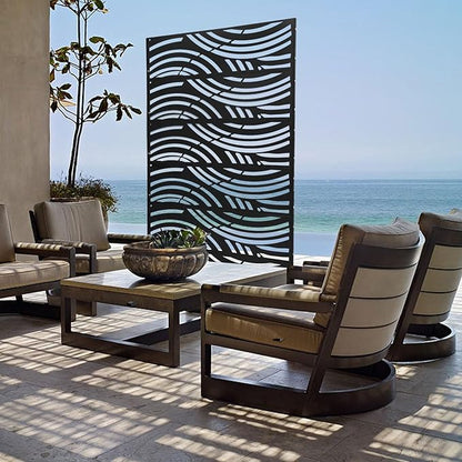 Metal Privacy Screen, 72" H x 44" W Freestanding Privacy Screens, Patio Decorative Metal Fence Panels with Stand, Portable Divider Screens, for Backyard/Patio/Deck (Black-Wave, 72''H×44''W)