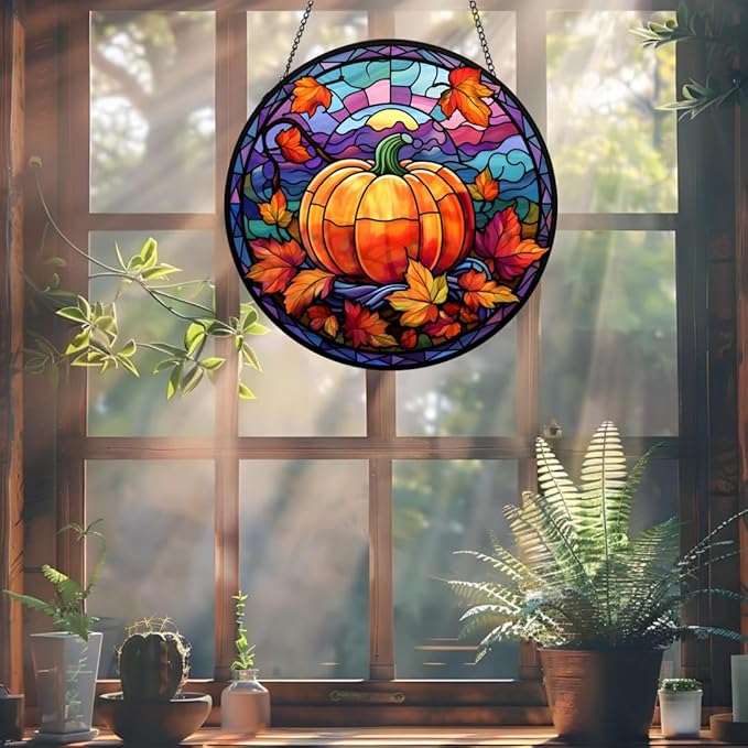 Suncatcher Pumpkin Stained Glass Suncatchers Stained Glass Ornament for Home Decor Indoor Wall Art Gift for Mother Women Friends (Pumpkin, M)