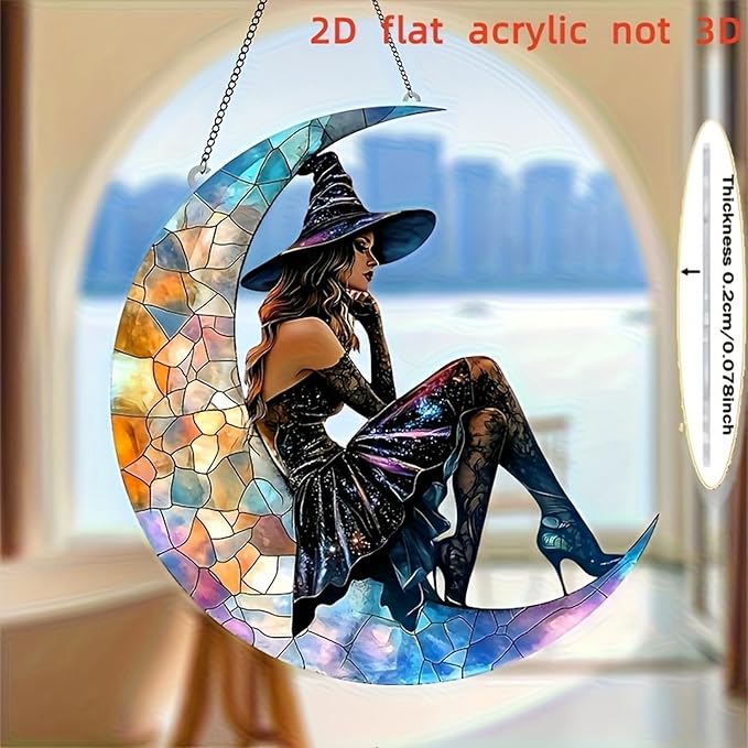 7.8inch Moon Witchs Suncatcher Acrylic Stained Glass Window Hanging Wall Art Ornament Halloween Window Suncatchers Garden Home Indoor Outdoor Decor for Women Friends Party Gift