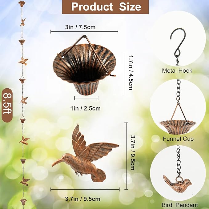 8.5FT Rain Chain for Gutters, Rain Chains for Outside with 7 Cups + 7 Birds, Rustproof Rain Catcher Chain, Replacement for Downspout (Brown Bird)