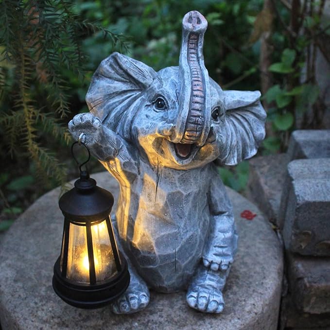 Garden Statues Elephant Solar Figurine Decor Outdoor Waterproof Lights, Yard Decorations Outdoor, Garden Decor Unique Birthday Housewarming Gifts for Mom (Elephant 2)
