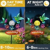 Outdoor Solar Garden Stakes Welcome Sign, 2 Flying Hummingbirds with Cracked Glass Ball,Decorative Garden Stakes for Lawn, Patio, Hummingbird Gifts for Women
