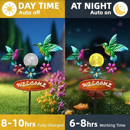 Outdoor Solar Garden Stakes Welcome Sign, 2 Flying Hummingbirds with Cracked Glass Ball,Decorative Garden Stakes for Lawn, Patio, Hummingbird Gifts for Women