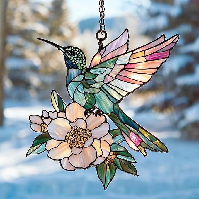 Hummingbird and Peony Flower Window Hanging Acrylic Ornament Hummingbirds Flowers Home Decor Art Wall Gifts for Women Suncatchers Windows Indoor Decorations