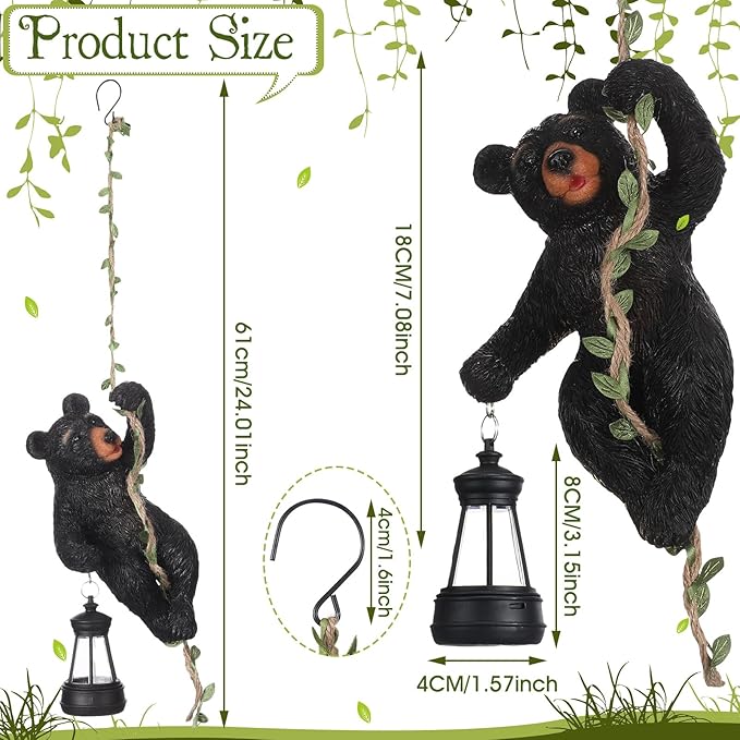 Rossesay 7 Inches Bear Statue Tree Hugger with Solar Light Resin Bear Statue Sign with LED Lantern Waterproof Hanging Figurine with Hook for Christmas Tree Decoration Outdoor Yard Garden(Black)