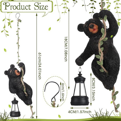 Rossesay 7 Inches Bear Statue Tree Hugger with Solar Light Resin Bear Statue Sign with LED Lantern Waterproof Hanging Figurine with Hook for Christmas Tree Decoration Outdoor Yard Garden(Black)