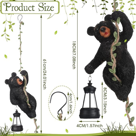 Rossesay 7 Inches Bear Statue Tree Hugger with Solar Light Resin Bear Statue Sign with LED Lantern Waterproof Hanging Figurine with Hook for Christmas Tree Decoration Outdoor Yard Garden(Black)