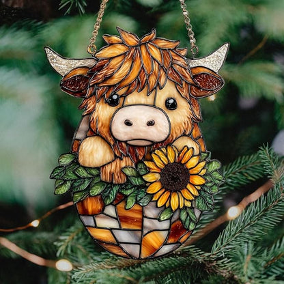 Mosaic Highland Cow and Sunflowers Acrylic Suncatcher Stained Glass Effect Window Car Hanging Christmas Ornament Indoor Outdoor Decor Garden Sun Catcher Panel for Cow Lover for Women Mom Grandma