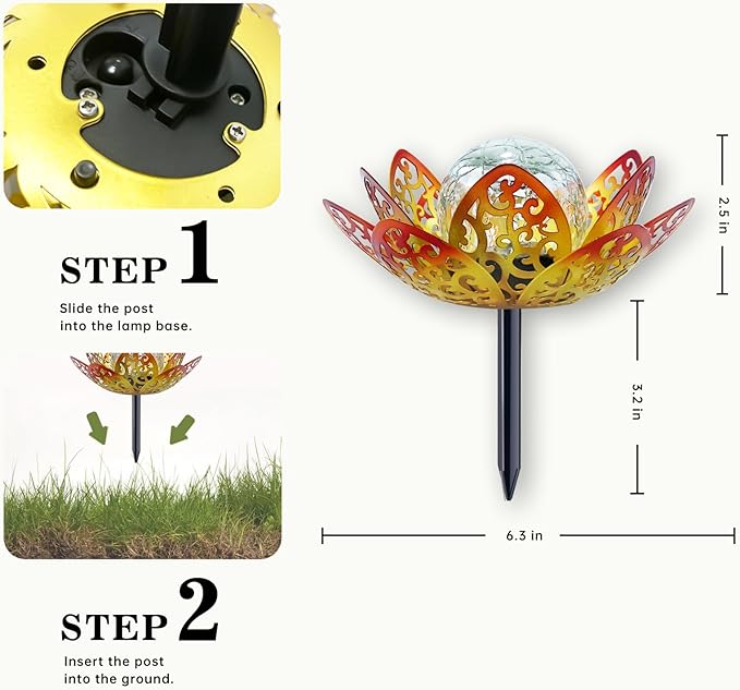 3 Pack Solar Lights Outdoor Garden 6.3 " Glass Lotus Lamp Waterproof LED Metal Flower Lights Outdoor Garden Table Decor for Outside Balcony, Patio, Deck, Porch, Walkway