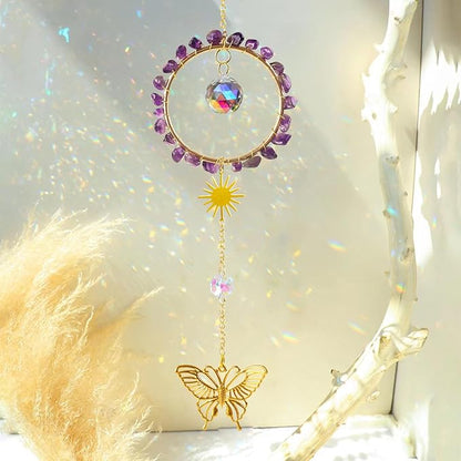 Natural Amethyst Crystal Suncatcher, Sun Catcher Hanging for Car, Butterfly Suncatchers for Windows，Spiritual, Rainbow Maker, Home Decor